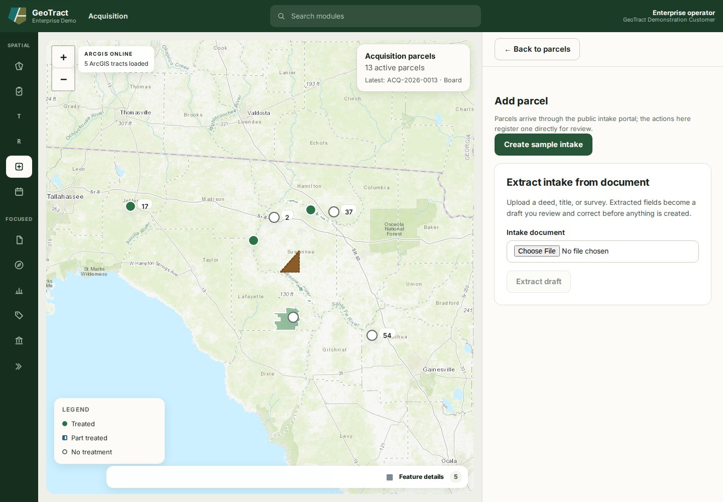 The Add parcel view explaining public intake and offering sample or document-extraction paths.