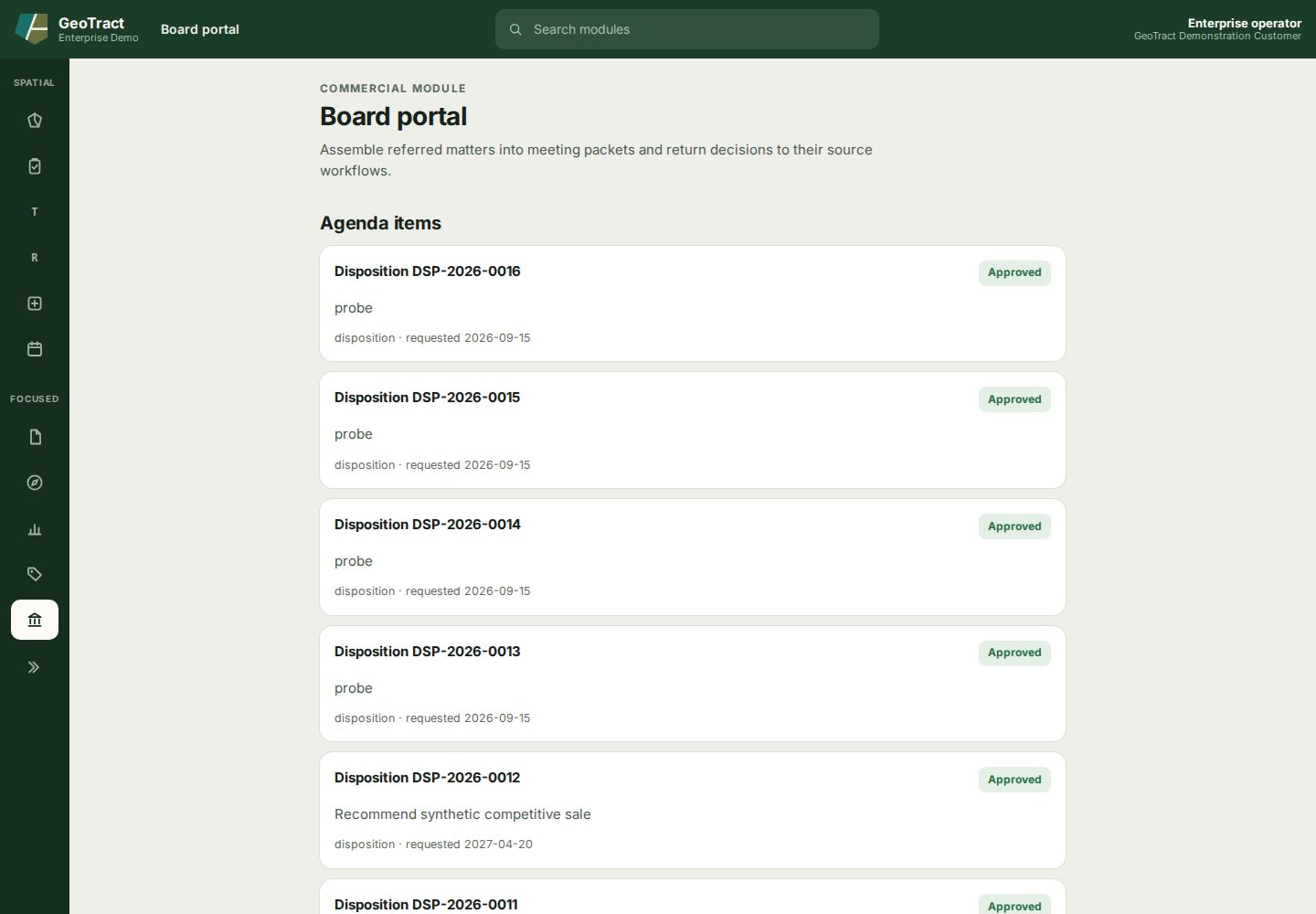 The Board portal showing approved synthetic agenda items, packet-creation fields, and past packets.