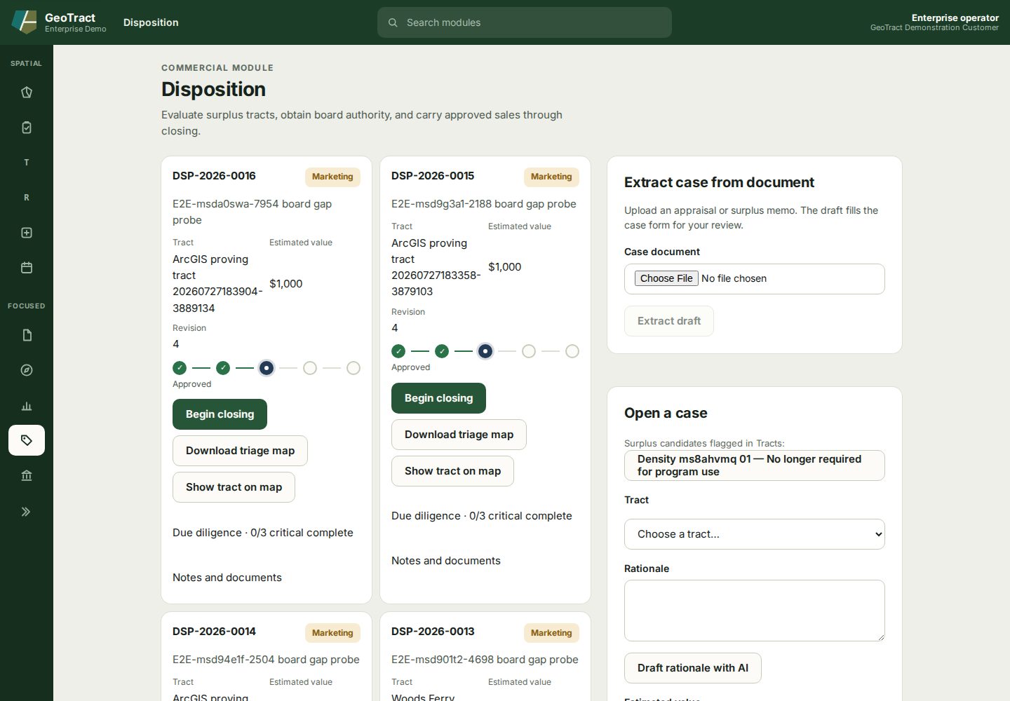 The Disposition workspace showing synthetic cases, stage trackers, diligence summaries, document extraction, and the Open a case form.