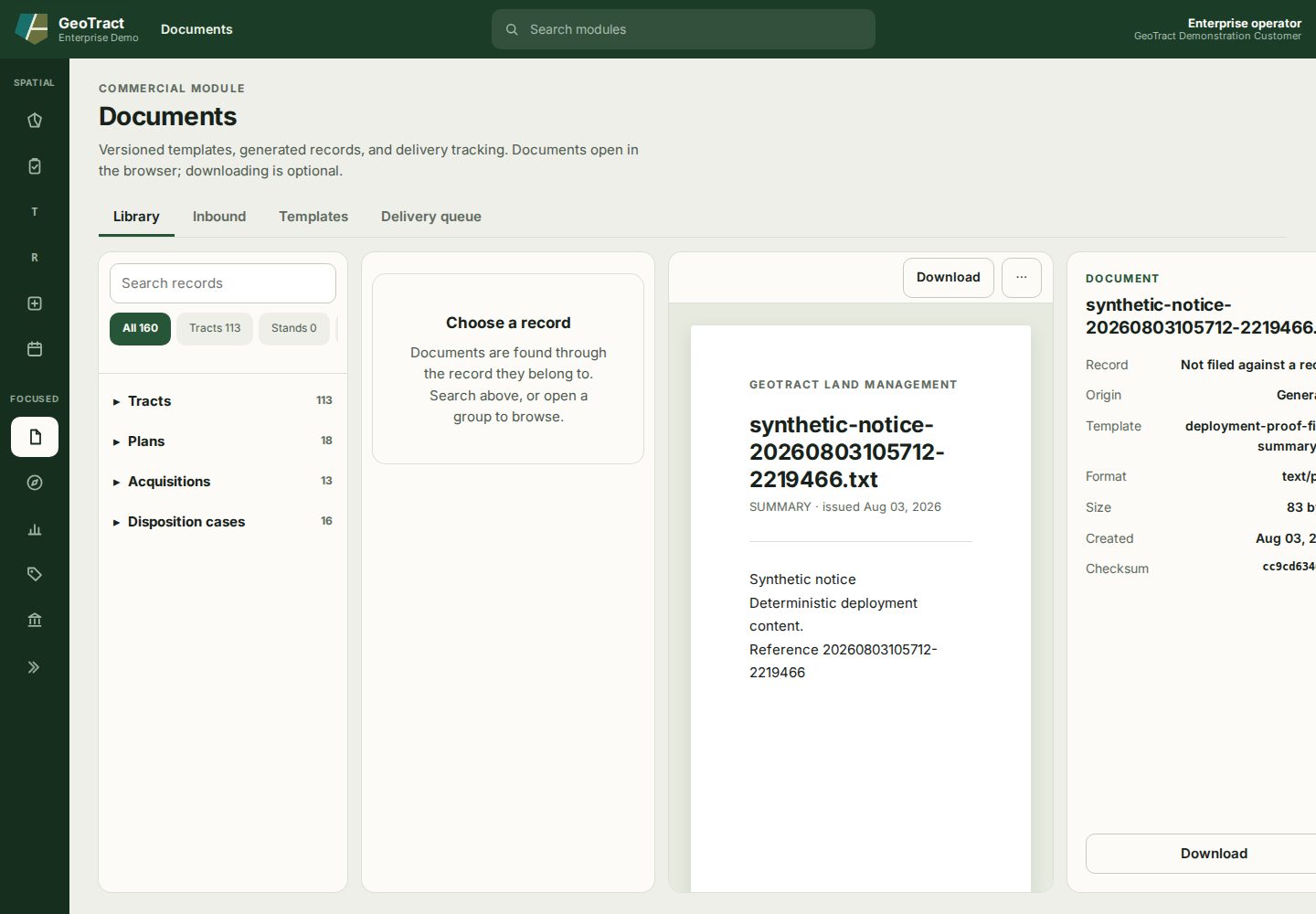 The Documents Library with record groups, an inline synthetic document reader, download controls, and document metadata.