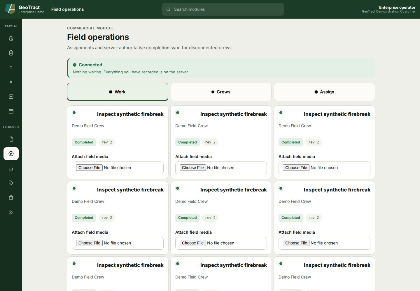 The Field operations workspace showing connection status, Work, Crews and Assign tabs, completed synthetic assignments, and field-media actions.