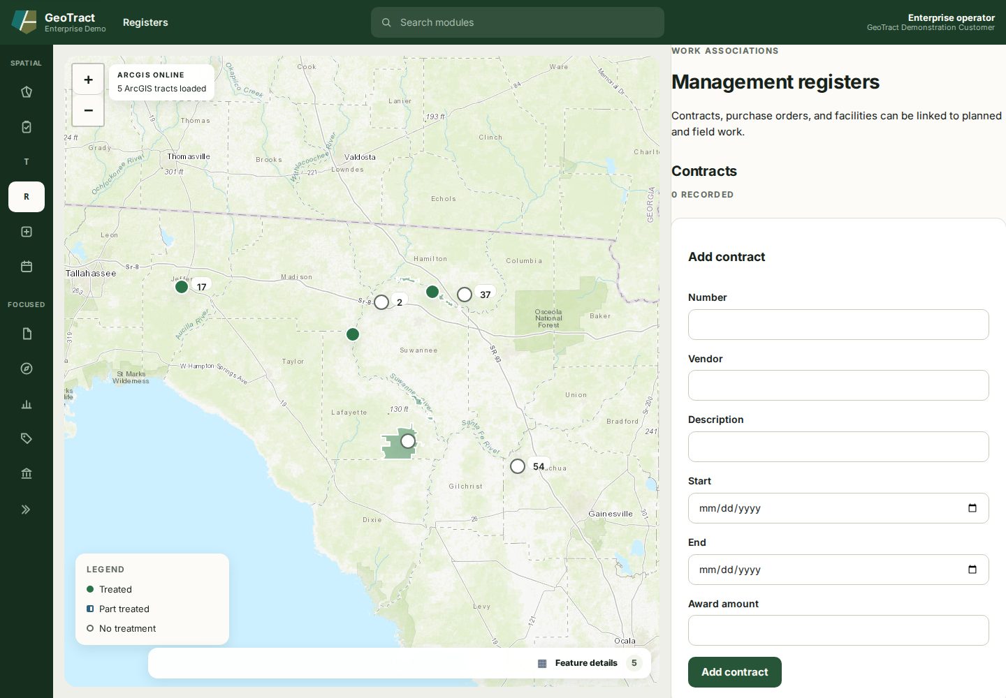The Management registers workspace showing the contract form beside the authoritative map.