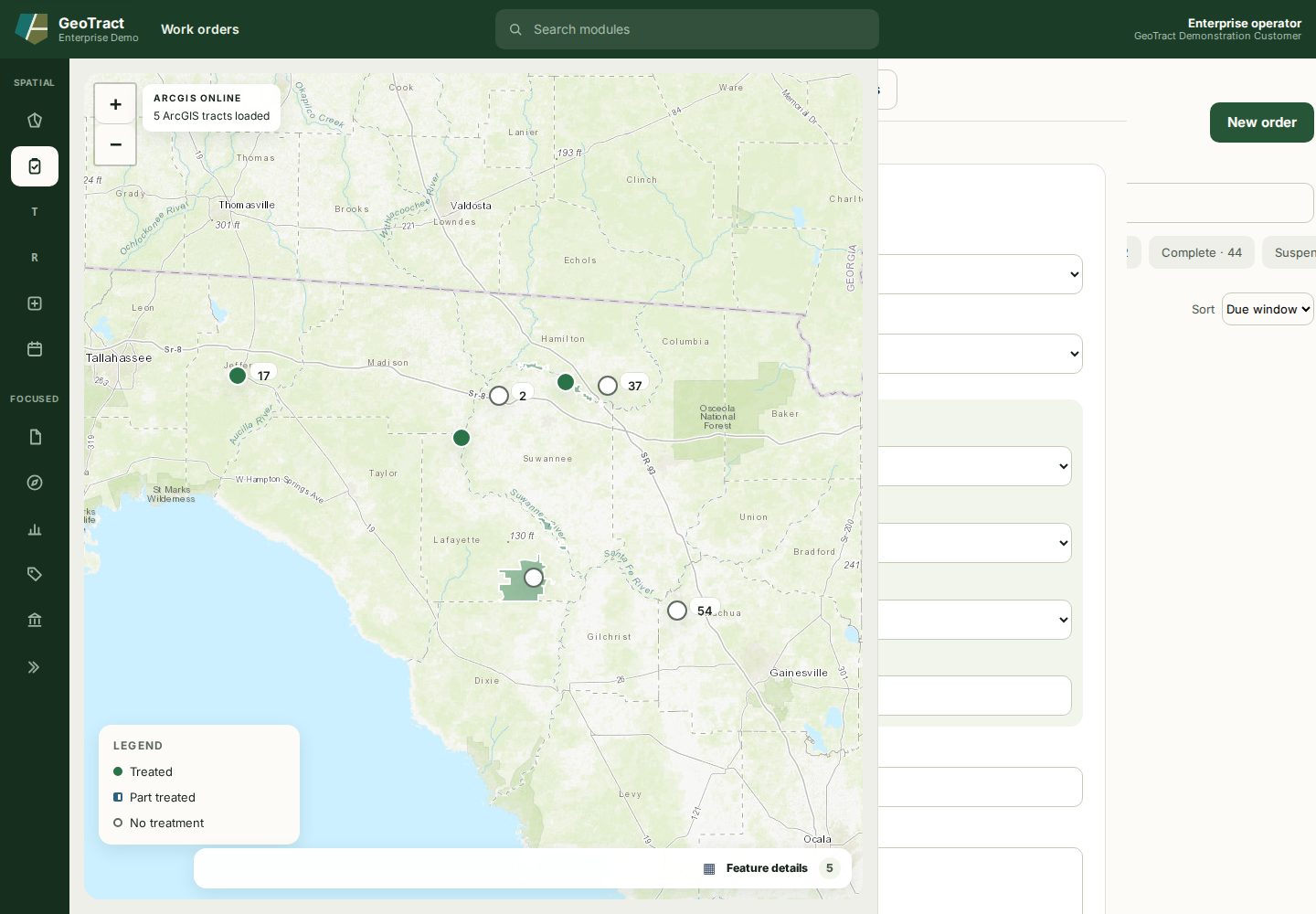 The New work order form with tract, type, association, schedule, and estimate fields.