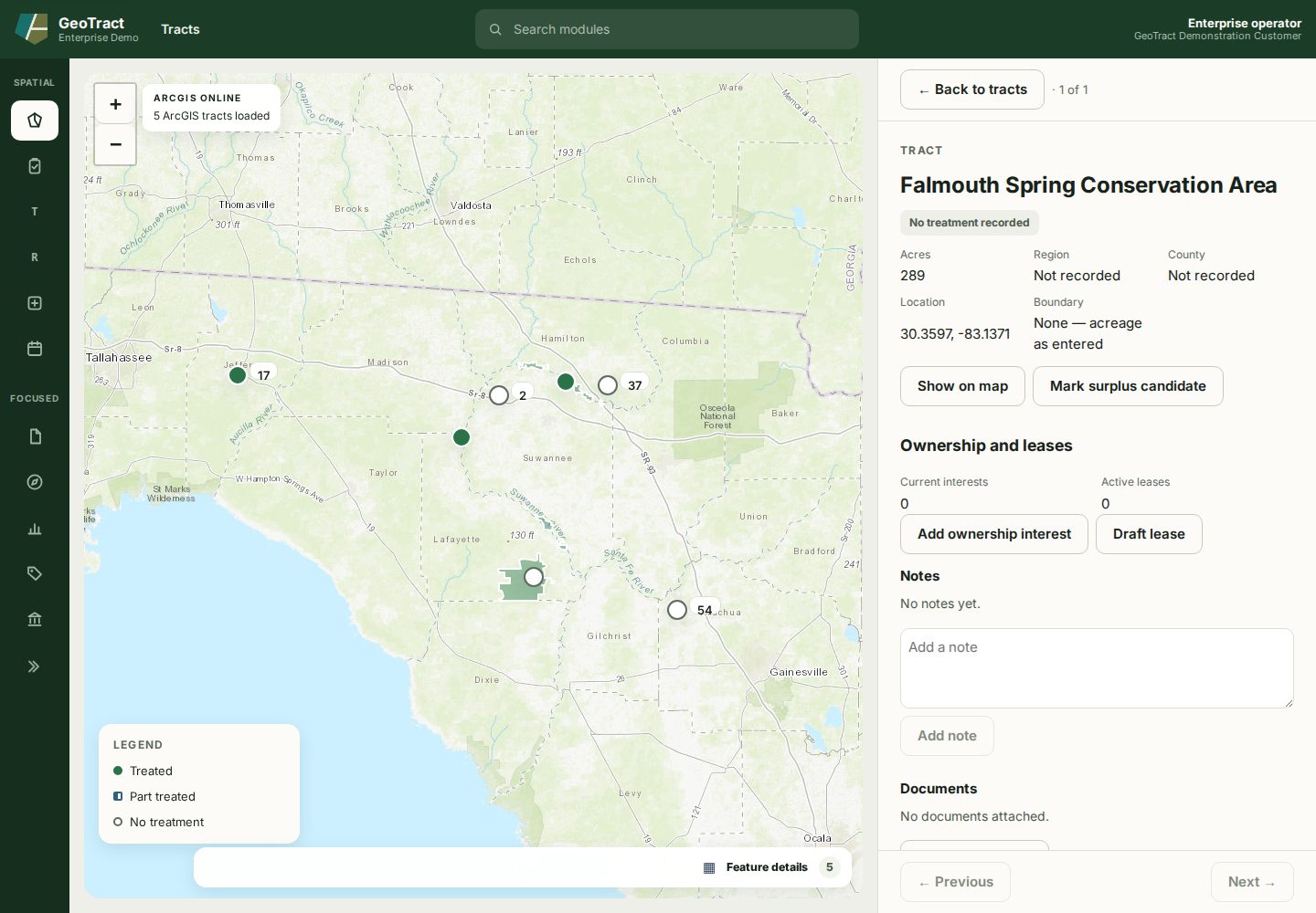 The Falmouth Spring Conservation Area tract detail with facts, map actions, ownership, leases, notes, and documents.