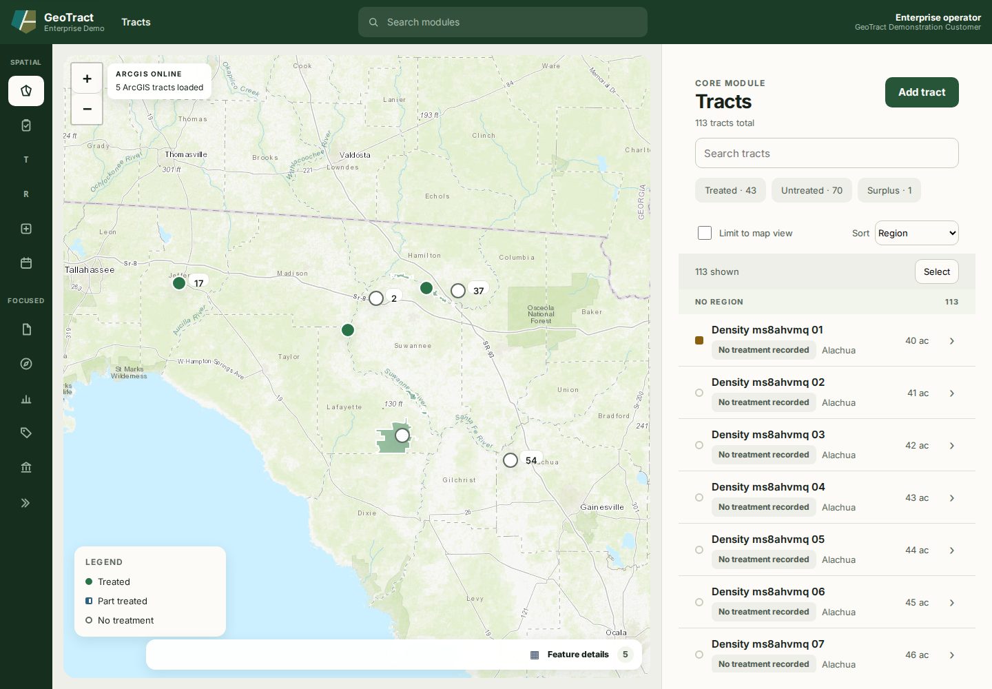 The GeoTract Tracts workspace with its spatial map and record list.
